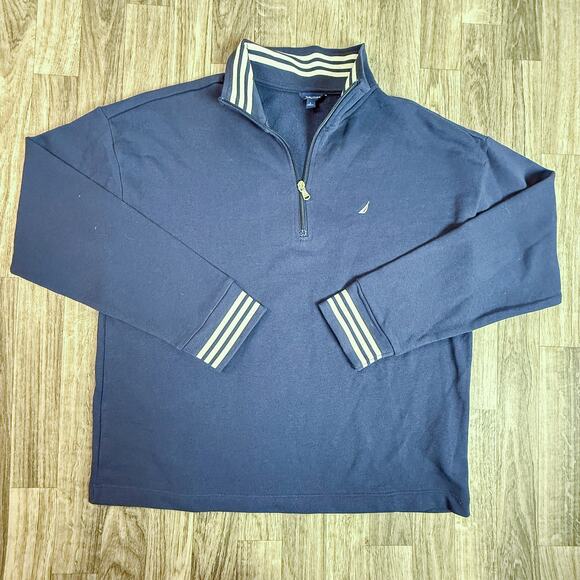 Nautica Men’s 1/4 Zip Pullover Navy Large Striped Collar Cuffs Cotton Blend - Picture 1 of 7
